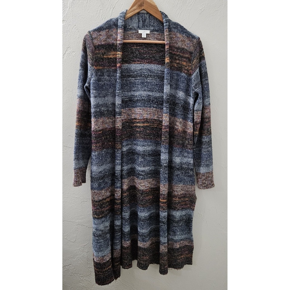 J. Jill Ombre Striped Longer Open‎ Front Cardigan Blue Rust Size Small Petite
